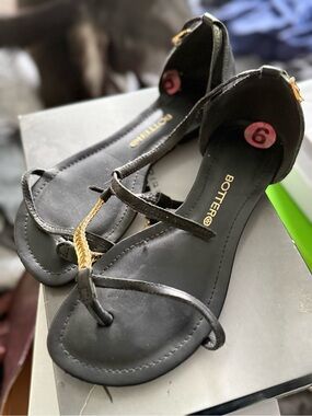 Black Sandals with Gold Braid Accent